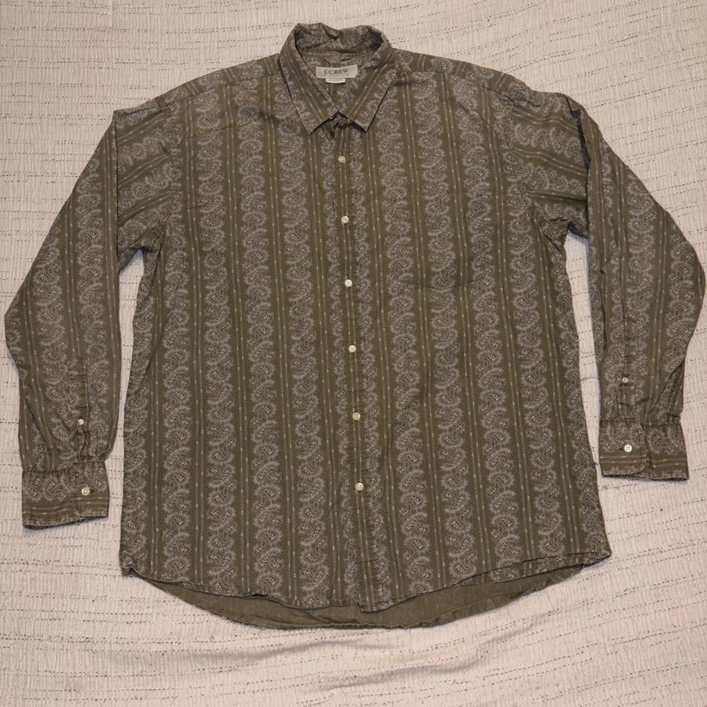 J.Crew Mens Large Olive Green Paisley Stripe Button Down Shirt Cotton Portugal